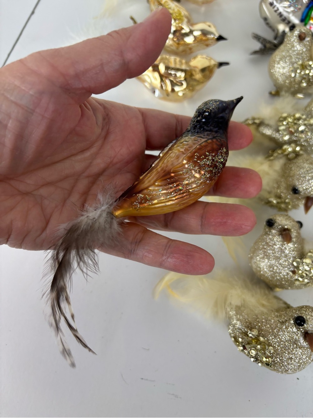 VTG Decorative Feathered & Glass Bird Ornaments - Gold, Cream & Burgundy-14pc - Picture 2 of 16
